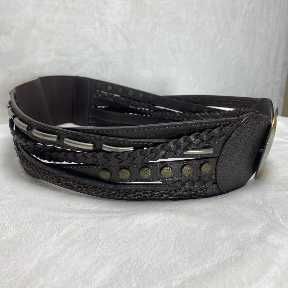 Chicos Faux Leather Dark Brown Wide Braided Studded Belt‎ Fashion Accessory Chic